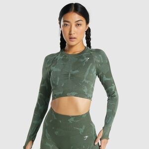 Gymshark Adapt Camo Seamless Long Sleeve Crop Top - Savanna | Green XS